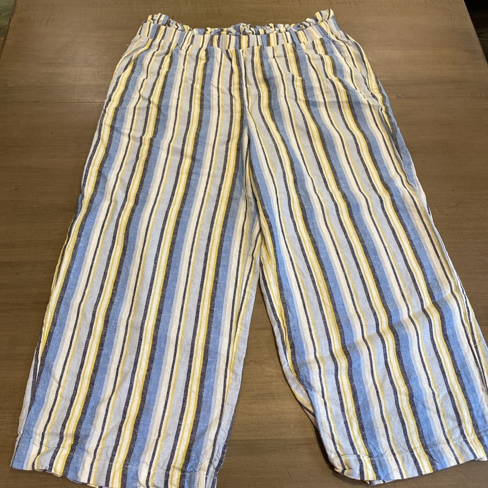 Fever Women's Pants Size L Cropped Relaxed Stripe Ruffle Elastic Waist Linen Bld